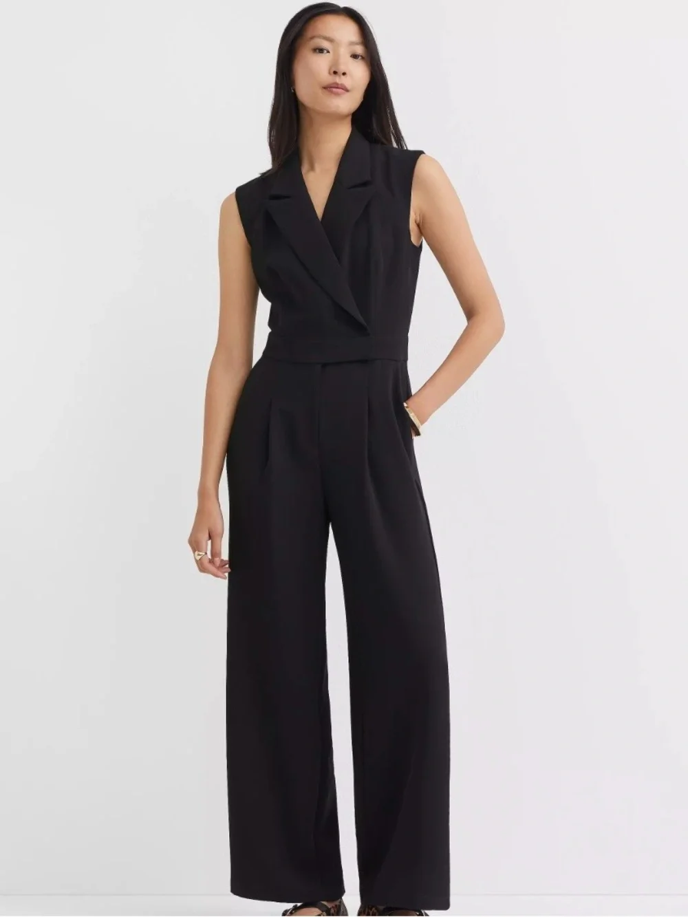 LOFT Black Sleeveless Wide-Leg Jumpsuit
